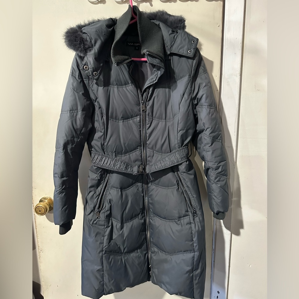 Long gray winter coat with belt